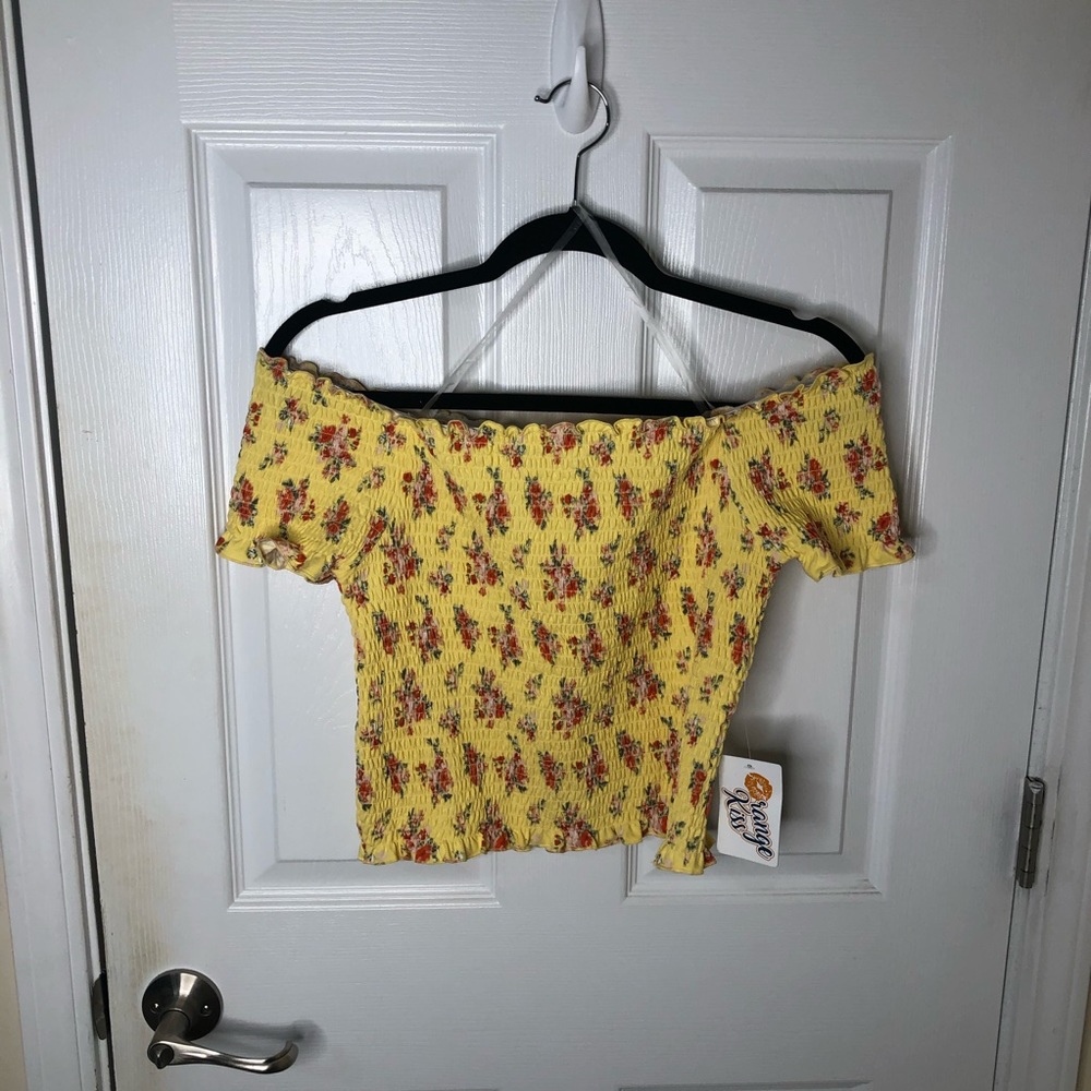 Orange Kiss Smocked Yellow Off Shoulder Crop Top